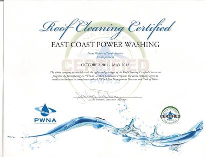 As of January 1, 2012, East Coast Powerwashing is the only company in Massachusetts Certified by the PWNA in Roof Cleaning